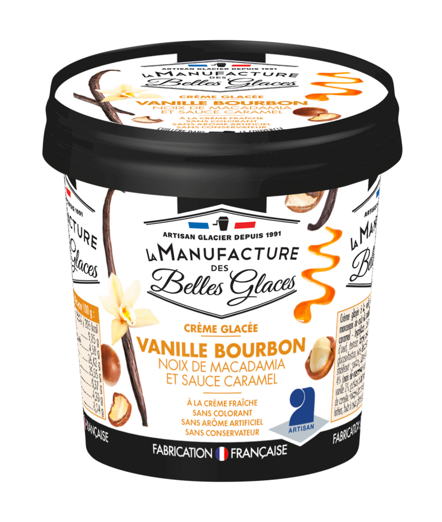glaces pots 120ml - manufacture belles glaces - creme glacee vanille bourbon de madagascar noix de macadamia et sauce caramel | La manufacture des belles glaces